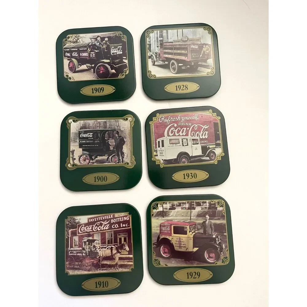 Y2K Coca Cola Coasters Metal 4 Inch Boxed Retro Drink Coke Vintage Lot 6 Green